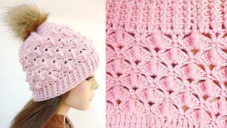 Como tejer el gorro N° 58 a crochet en punto ABANICOS y ROCOCO paso a paso TODAS LAS TALLAS [upl. by Neoma]