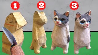 4 Steps for EASILY CARVE A Funny CAT sculpting a CAT Whittling and WOOD CARVING for beginners [upl. by Ainos663]