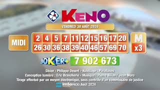 Tirage du midi Keno® du 30 août 2024  Résultat officiel  FDJ [upl. by Enrol463]