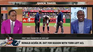 DEVASTATING First Take reacts to Ronald Acuna Jr OUT for season with ACL tear [upl. by Nabala]