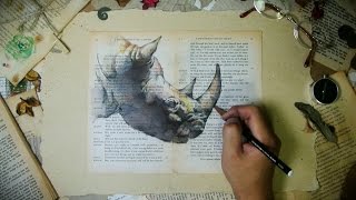 Drawing rhinoceros on old book pages  JayArt [upl. by Katerina279]