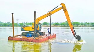 HYUNDAI 245LR SMART Excavator Working River no pontoon [upl. by Binnings]