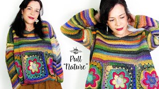 Crochet Pull quotNaturequot I Tuto Pull col V I Pull Granny Square [upl. by Phyl]