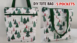 DIY TOTE BAG  5 POCKETS  How to make cloth bags for daily uses  Bag cutting and stitching  Bags [upl. by Anitnauq]