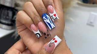 Deep French MultiColored Free Hand Nail Art  Tapered Square [upl. by Carrel]