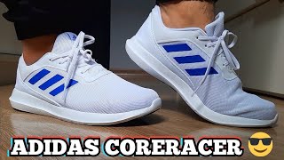 Unboxing Tênis Adidas Coreracer Branco  Azul  Comprado Na Netshoes  Review e Demonstração no pé [upl. by Maje]