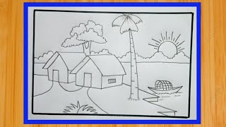 Gramer drisso  easy village house scenery  gaon ka chitra ka drawing with pencil [upl. by Recha48]