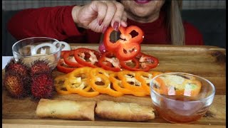 HEALTHY EATING ASMR  RAW ONION RADISHES BELL PEPPERS RAMBUTAN AND SPRING ROLLS AIKO ASMR [upl. by Nishom]