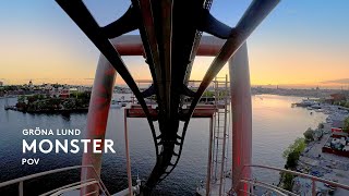 POV of Monster at Gröna Lund Beautiful sunset with parks lights 5k Mounted New 2021 BampM Invert [upl. by Aisinoid142]