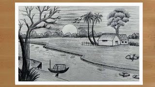 Gramer Drisso💖Village Scene Drawing  How to Draw landscape [upl. by Omrellig]