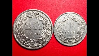 Switzerland 1 amp 2 Franc Coins 1969  Helvetica 2 Fr 1 Fr [upl. by Octave]