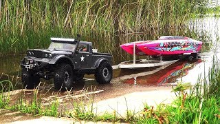 RC Boat Launch and Recovery Jeep NuKizer 715 Traxxas DCB M41 Custom Trailer Vaterra Ascender [upl. by Charlene]