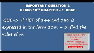 If HCF of 144 and 180 is expressed in the form 13m – 3 find the value of m CLASS 10TH CH1 [upl. by Yerffej]