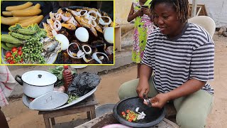 AFRICAN Ghanaian Cooking Taro leaves stew Kontomire and plantain AMPESI in West Africa [upl. by Alarice]