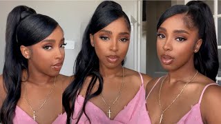 How To Quick Weave Ponytail with Swoop Bang on Natural Hair  Invisible Ponytail  Barbie Ponytail [upl. by Teillo]