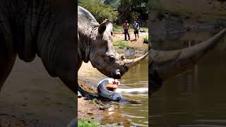 Rhino meets giant white python by the lake youtubeshorts pythonsnake animals giantpython snake [upl. by Admana]