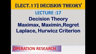 L17OR  Decision Theory Maximin Minimax Regret  Laplace  Hurwicz Criterion Uncertainty [upl. by Ennayhc]