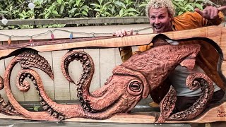 INCREDIBLE Chainsaw Carving The KRAKEN  Giant Squid Relief Wood Carving [upl. by Nakeber]