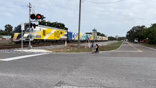 Brightline and Freight train cross paths — Railroad Crossing Gate — Micco  Barefoot Bay FL [upl. by Neral]