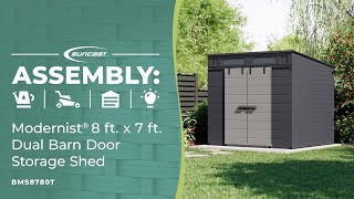 Modernist® 8 ft x 7 ft Dual Barn Door Storage Shed Assembly Video [upl. by Annerol]