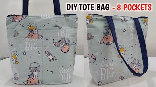 DIY Easy Tote Bag  8 POCKETS  How make handbag at home for daily uses  Bag cutting and stitching [upl. by Aciemaj]