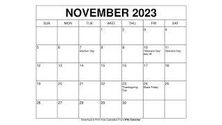 Printable November 2023 Calendar Templates With Holidays  Wiki Calendar [upl. by Laban]