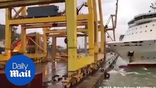 Outofcontrol ferry CRASHES into huge crane causing FIRE [upl. by Teahan748]