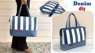 how to sew denim tote bag with zipper from old jeans sewing diy denim tote bag with zipper tutorial [upl. by Naeloj787]