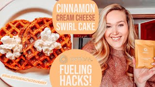 FUELING HACKS  CINNAMON CREAM CHEESE SWIRL CAKE  ShleesHealthJourney [upl. by Vanni]