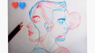 Design the faces of girls and boys with colored pencils  Red and blue colored pencils❤️💙 [upl. by Aurilia]