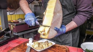 Yummy Swiss Raclette Warm Melted Swiss Cheese with Egg and Potatoes London Street Food [upl. by Ylliw648]