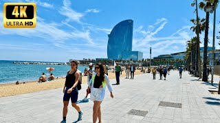 Walking tour Barcelona  🏖️ BEACH WALK  Spain  A spring walk in Barcelona on Sunday day4K [upl. by Donegan]