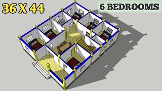 6 Bedrooms house plan with 3d elevation  36x44 house design plan with 6 bedrooms [upl. by Birck290]