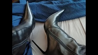 Ultra Pointy Leather Stiletto Boots closeup and toeflexing asmr [upl. by Surdna]