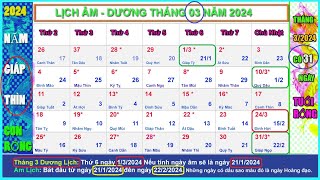 Lịch âm dương tháng 3 năm 2024  Lịch vạn niên tháng 32024 Năm Con Rồng [upl. by Egamlat979]