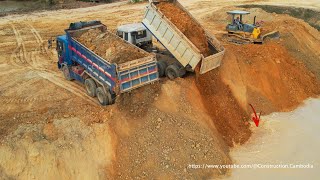 Skills Job Filling Land Process 10 Wheel Trucks Dumping Dirt Auto Water And Komatsu D41P Bulldozers [upl. by Goulette]