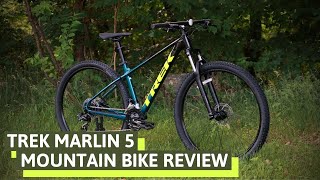 Beginner MTB or Rugged Hybrid 2021 Trek Marlin 5 Mountain Bike Review of Feature and Weight [upl. by Alsworth]