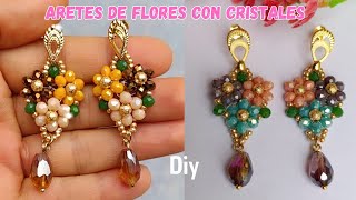 Como Hacer Aretes de Flores con cristales y mostacillas paso a paso ✨🌺 [upl. by Atnoid]