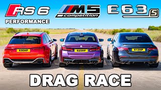 New Audi RS6 Perf v BMW M5 v AMG E63 S DRAG RACE [upl. by Akcire]