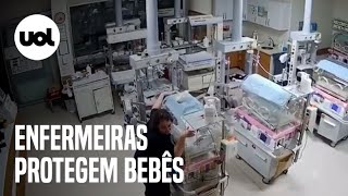 Enfermeiras protegem incubadoras com bebês durante terremoto [upl. by Cianca]