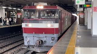 【ダイヤ乱れの影響で臨時停車！コンテナ満載！】JR貨物EH500形9号機＋コキ17B（両）が大宮駅4番線に到着停車するシーン（3078レ・仙貨A146・コンテナ輸送）20241015 [upl. by Schuh]