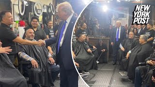 Trump visits Bronx barbershop ahead of Catholic charity gala tonight [upl. by Hajidahk]