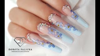 Episode 9 coffin shape gel nails ballerina nail shape with blue gel encapsulated flowers Nail art [upl. by Portwin]