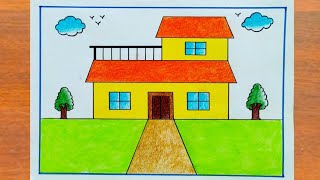 House Drawing  How to Draw a Simple House Step By Step Very Easy  House Scenery Drawing [upl. by Lotsirb888]