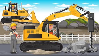 Excavator with Hydraulic Hammer Break the Rockfall and Repair Mountain Pass  Construction Vehicles [upl. by Scurlock263]