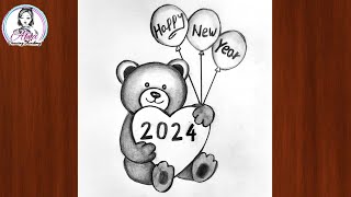 Happy New Year Drawing 2024  Happy New Year Poster  Easy Drawing Tutorial  Pencil Sketch Drawing [upl. by Merl89]