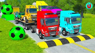 Double Flatbed Trailer Truck vs Speedbumps Train vs Cars  Tractor vs Train BeamngDrive 188 [upl. by Bramwell73]