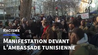 Paris manifestation devant lambassade de Tunisie contre le quotracisme antimigrantsquot  AFP [upl. by Estell159]