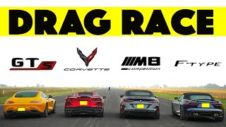 Jaguar FType vs BMW M8 Comp vs Chevy Corvette C8 vs Mercedes Benz AMG GTS Drag and Roll Race [upl. by Roselba]