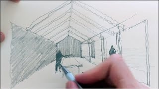 My Freehand Architectural Sketching Process One Point Perspective [upl. by Ardnaz839]